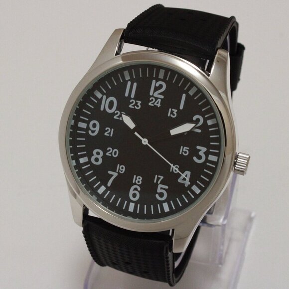 Men's Quartz Field Watch Silver Case Black Tropical Strap 42mm - Picture 4 of 12
